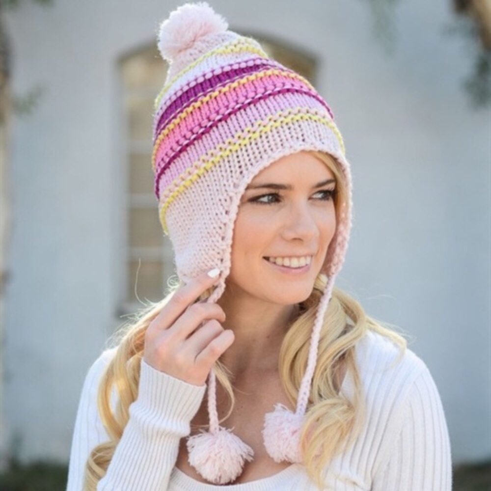 Pink Striped Beanie with Pom Poms